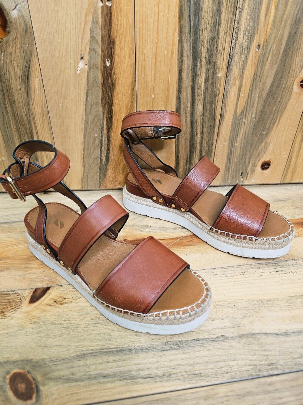 SARTO Calvin Mahogany Leather Ankle-Strap Espadrille Wedge Platform Sandals